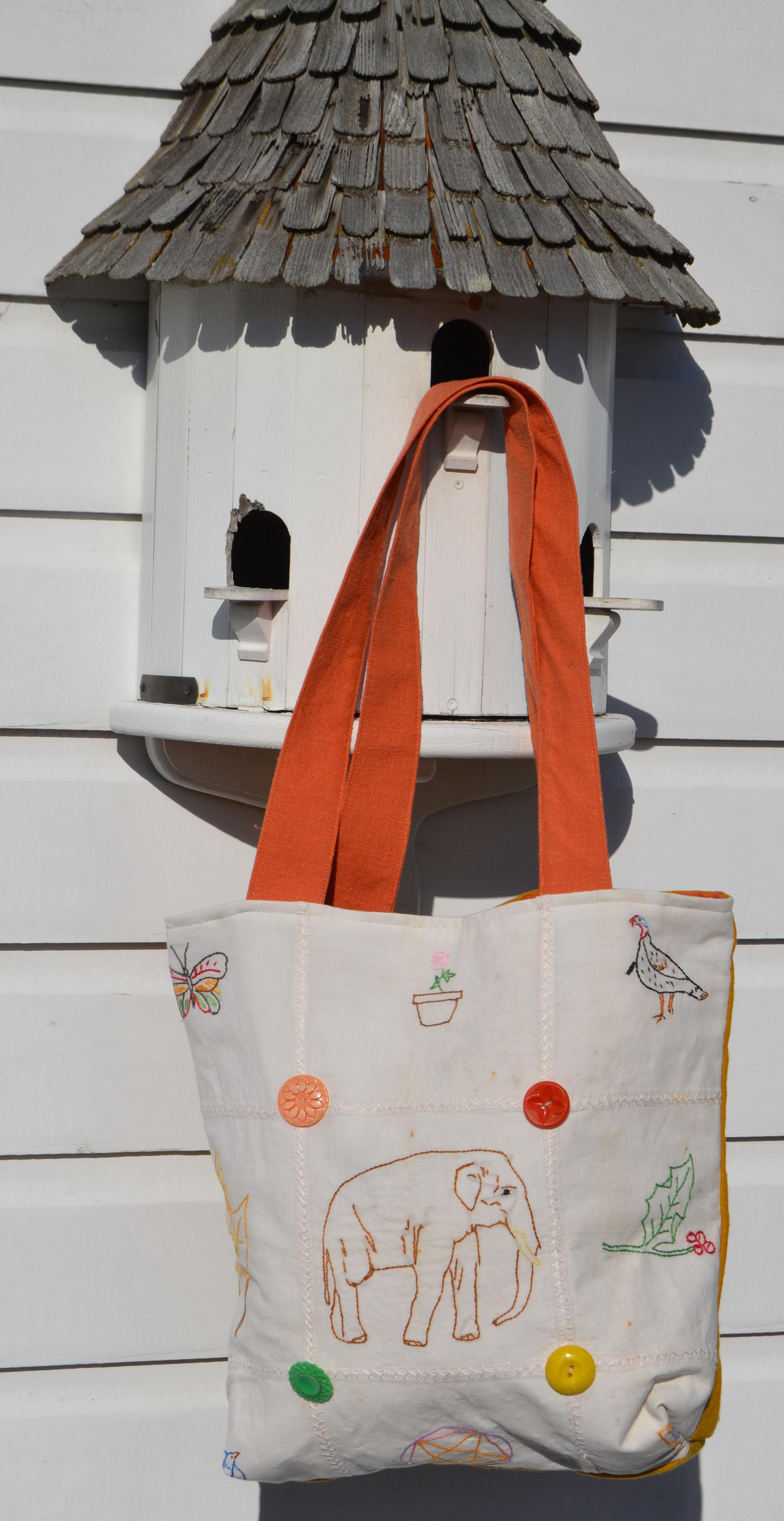 Vintage Embroidered Elephant Panel on Autumn Gold Linen Satchel