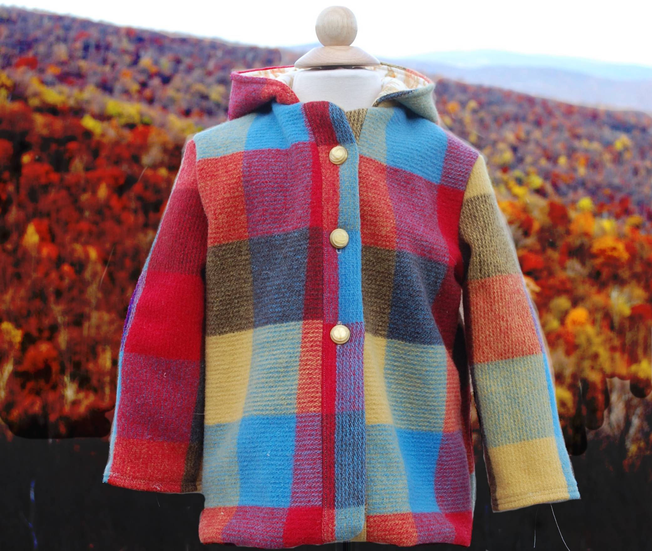 Vibrant Checkerboard Plaid Coat with Pixie Hood