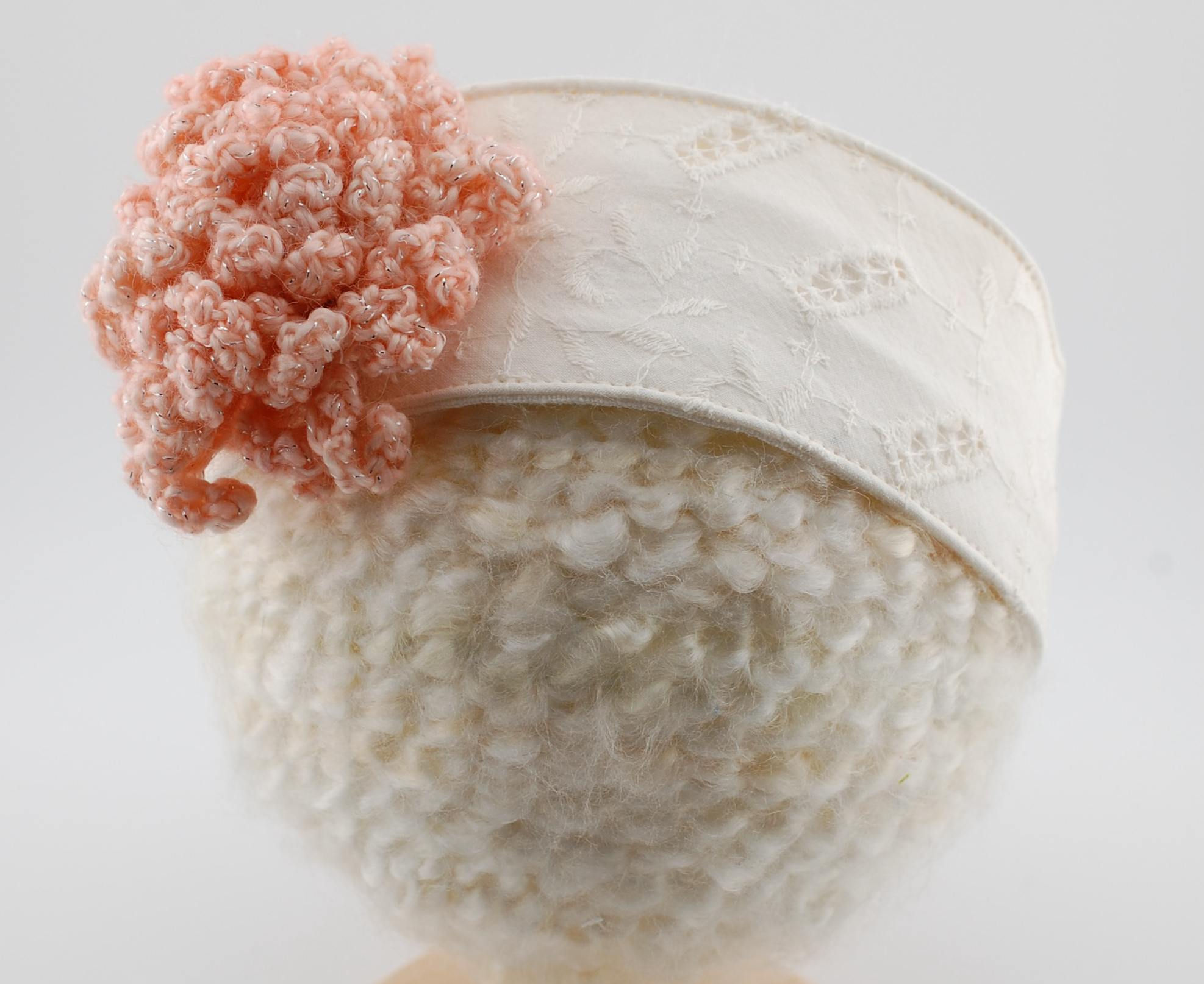 Child's White Vintage Fabric Headband with Peach Glitter Crochet Flower