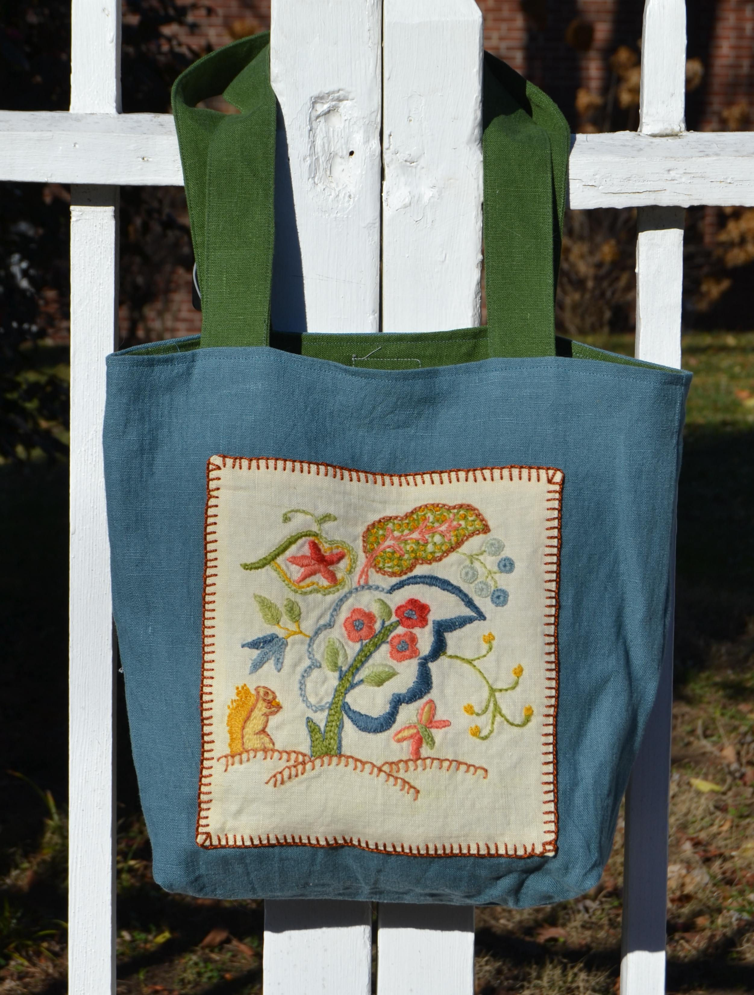 Vintage Embroidered Squirrel Panel on Royal Blue Linen Satchel