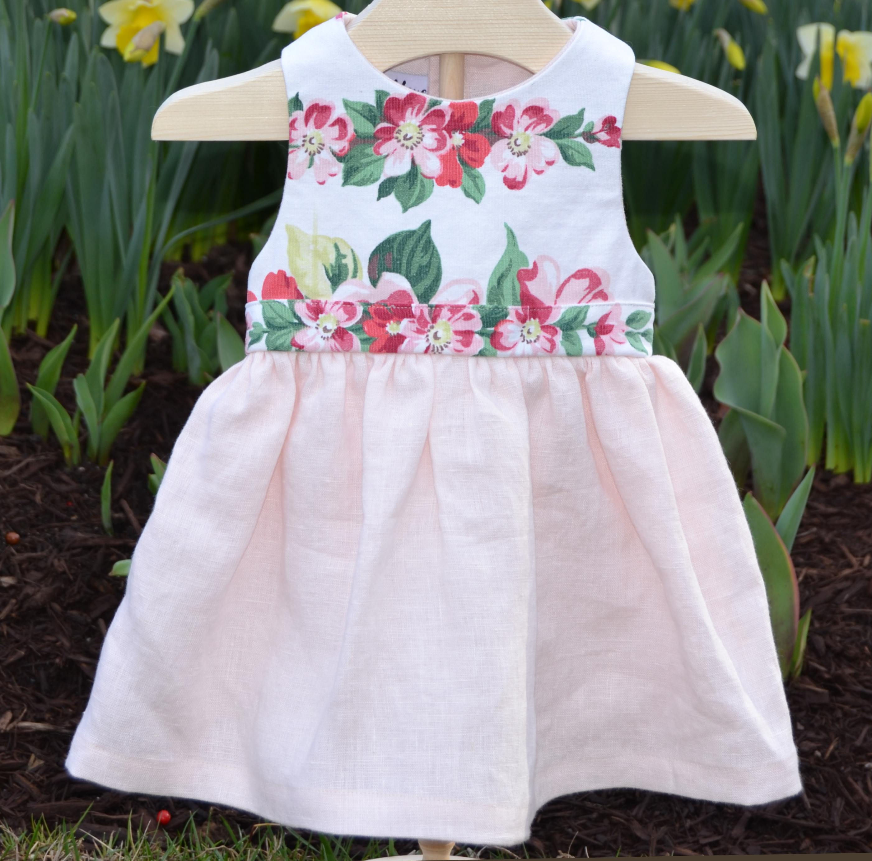 Pink Linen Skirt Vintage Floral Bodice Dress