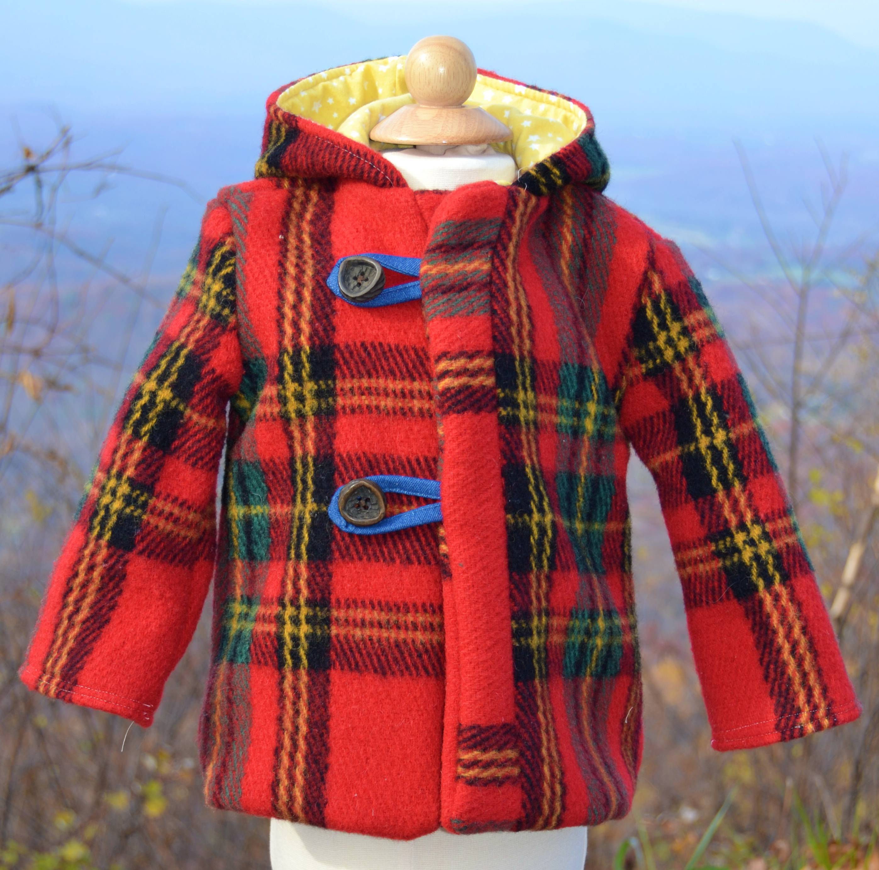 Bright Red Tartan Plaid Coat with Hood