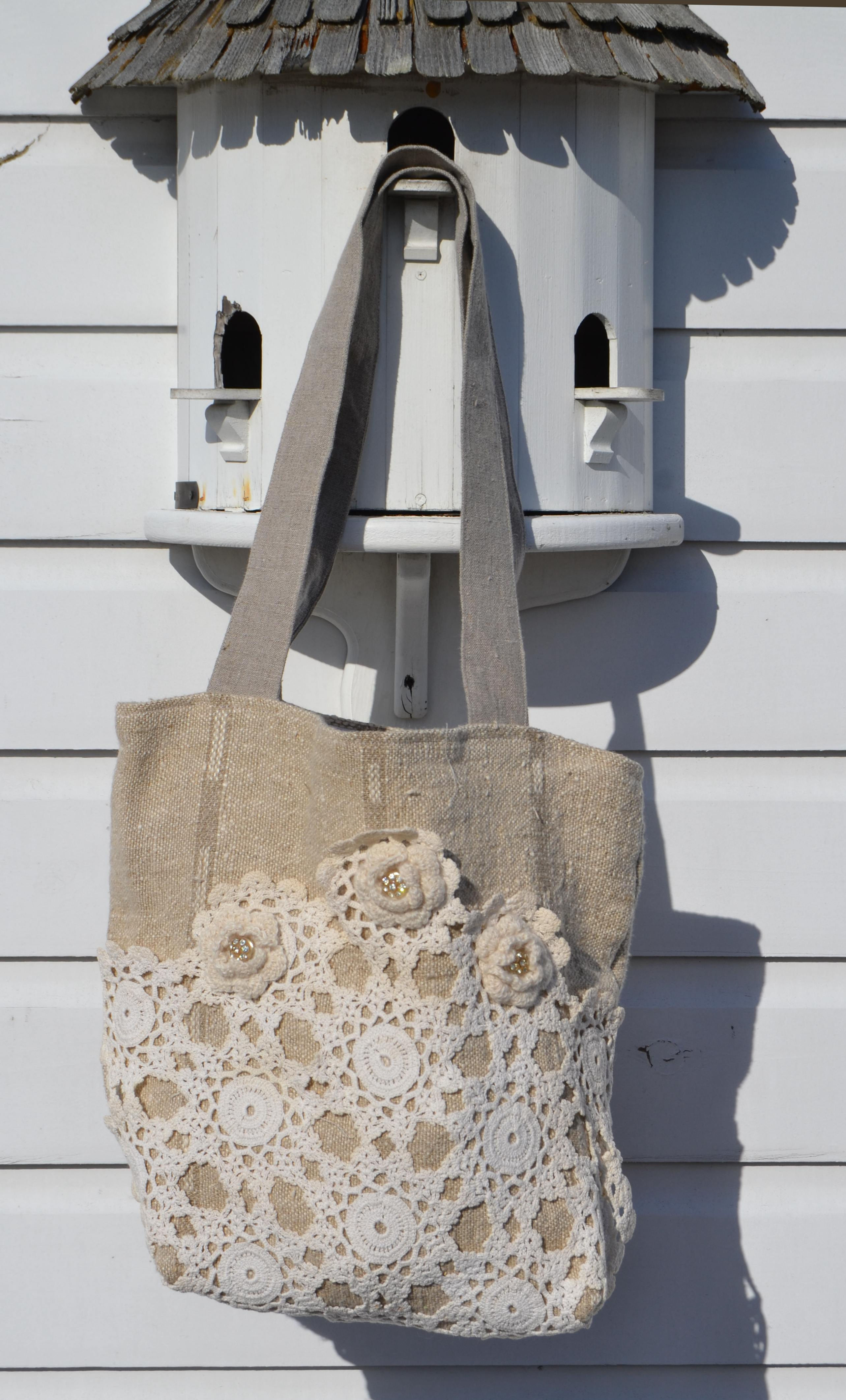 Vintage Natural Fabric with Lace Panel Satchel and Lace Roses