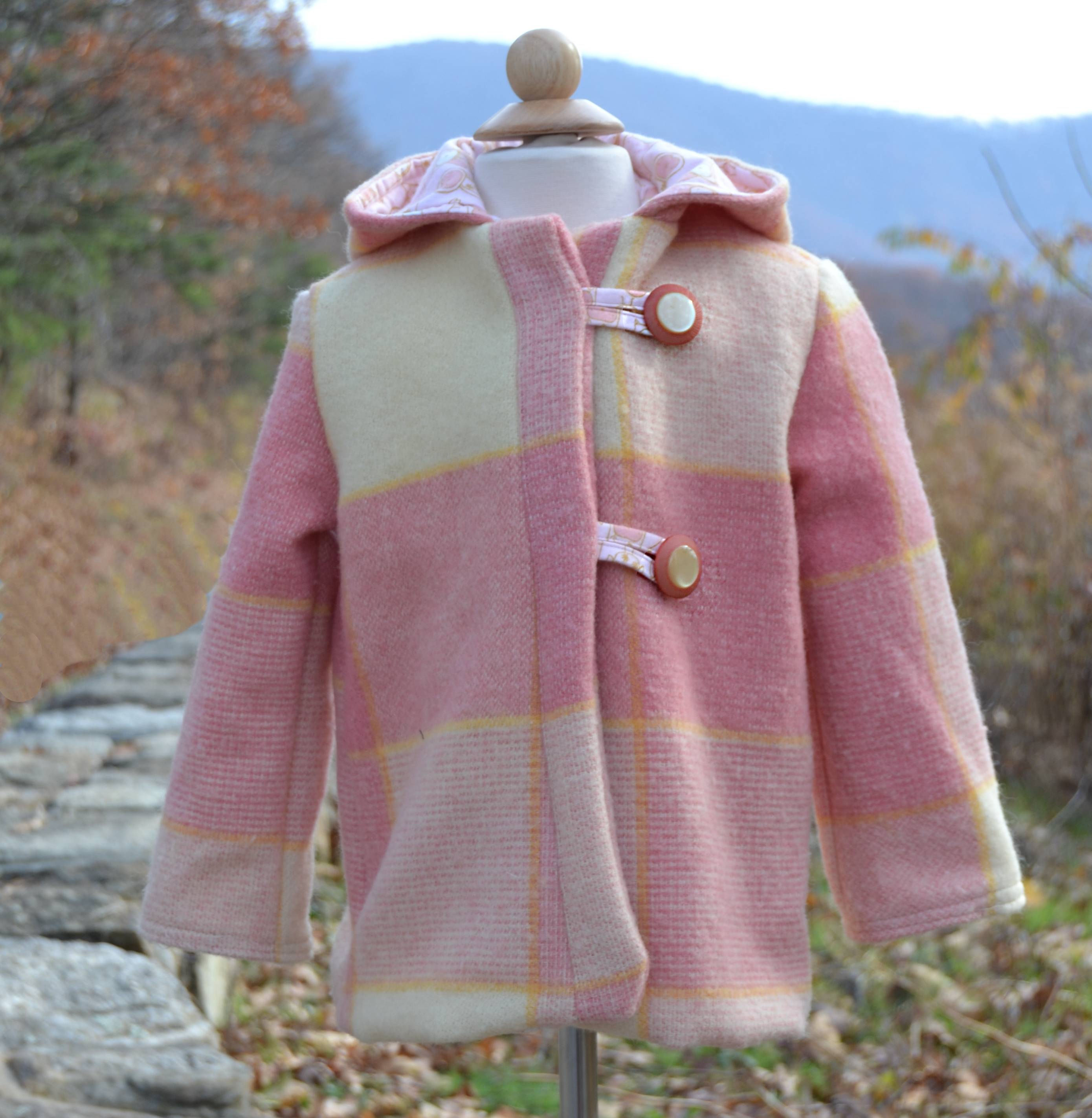 Pink Plaid Coat with Pixie Hood