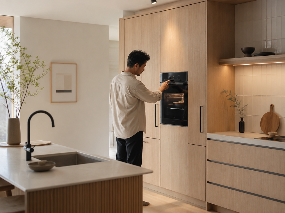 Mann bedient einen auf Griffhöhe eingebauten Backofen in einer Küche mit hellen Holzfronten und ergonomischer Hochschrankzeile