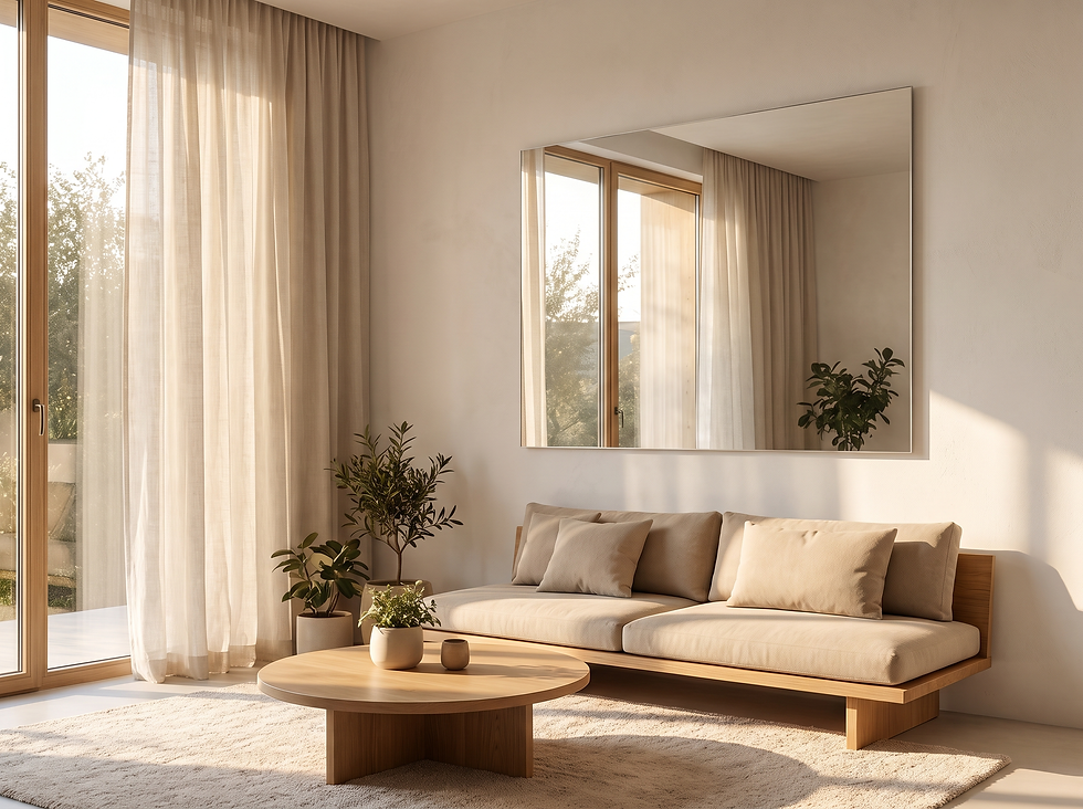 Großer Wandspiegel gegenüber dem Fenster, der das Tageslicht aufnimmt und tiefer in den Wohnraum zurückwirft.