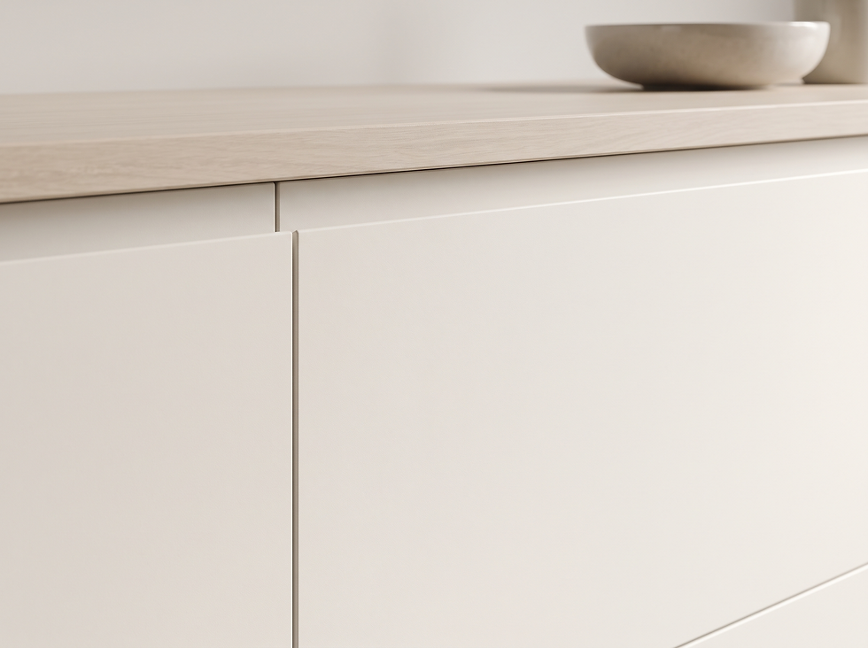 Nahaufnahme einer matt lackierten, grifflosen Küchenfront in Creme mit heller Eiche-Arbeitsplatte, die die präzise Verarbeitung einer Premiumküche zeigt.