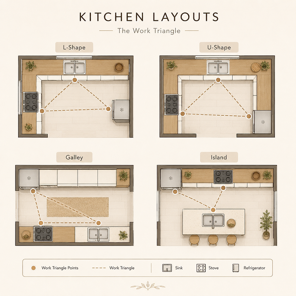 Infografik mit vier Küchenlayouts – L-Form, U-Form, zweizeilige Küche und Kücheninsel – jeweils mit eingezeichnetem Arbeitsdreieck