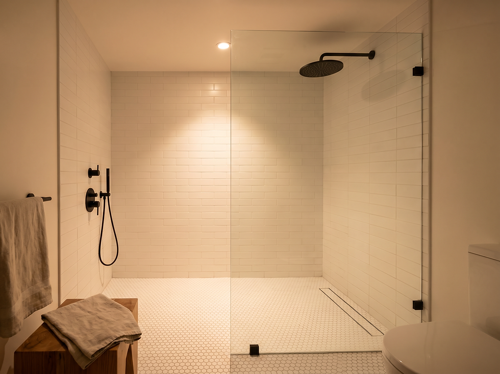 Ebenerdige Walk-in-Dusche in einem kleinen Bad mit weißen Metrofliesen, mattschwarzer Regendusche und rahmenloser Glasscheibe.