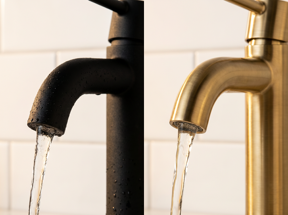 Zwei Badarmaturen im Vergleich, links mattschwarz, rechts gebürstetes Messing, beide mit laufendem Wasser vor weißen Metrofliesen.