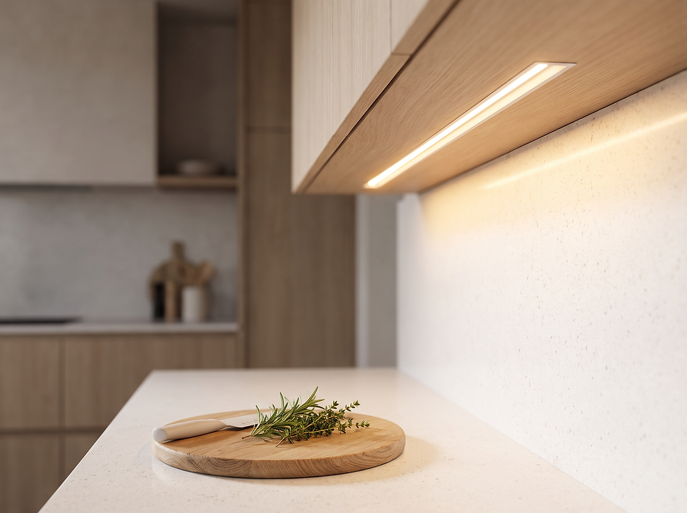 In die Eiche-Oberschränke eingelassene LED-Unterschrankbeleuchtung, die warmweißes Licht auf Arbeitsplatte und helle Steinrückwand wirft.