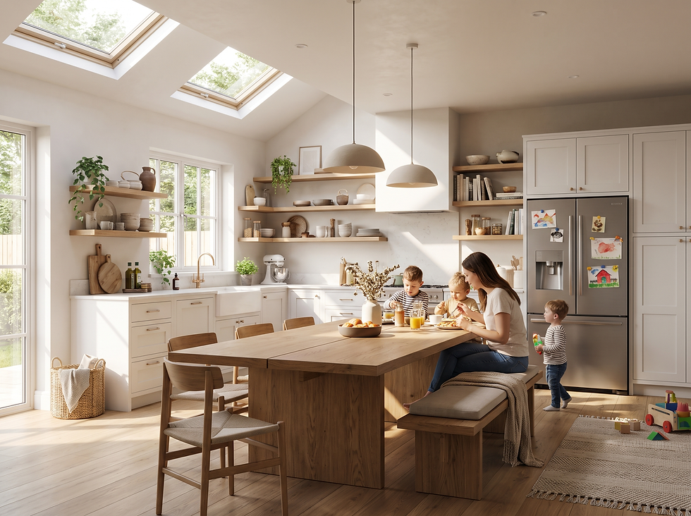 Helle Familienküche mit cremefarbenen Fronten, großem Eiche-Esstisch mit Bank, Dachfenstern und einer Familie beim gemeinsamen Essen.