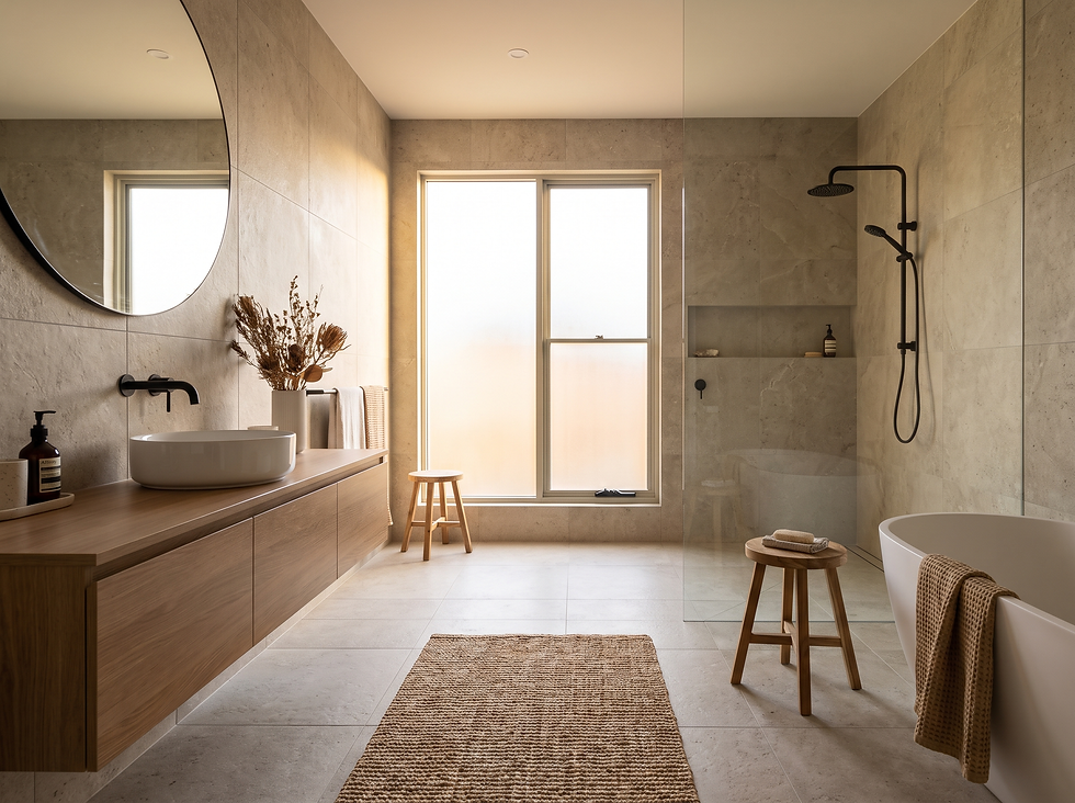 Warmes Bad mit Holz-Waschtisch, rundem Spiegel, offener Dusche mit Messing-Armaturen und hellen Steinflächen in natürlichen Materialien.