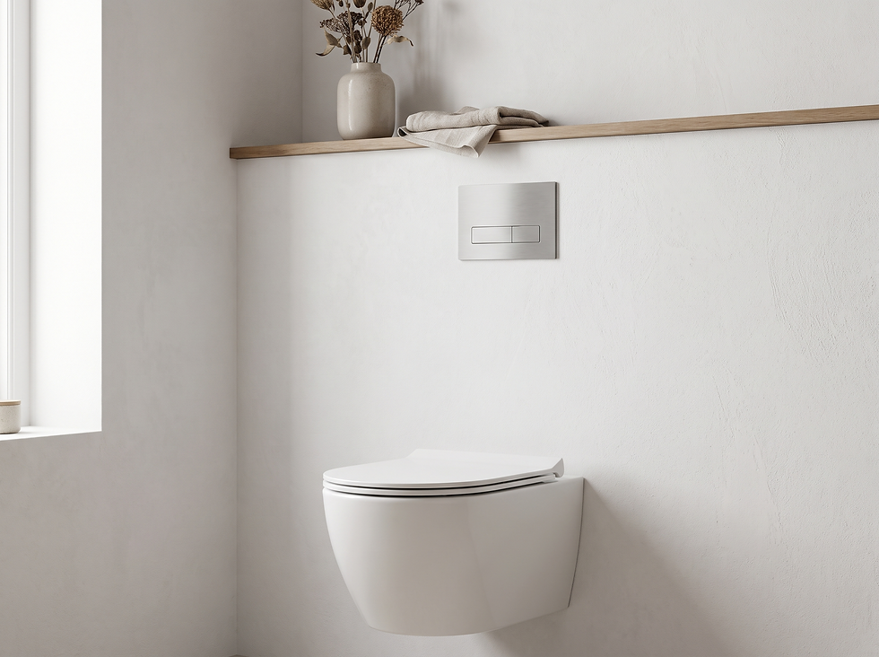 Wandhängendes WC ohne sichtbare Rohre vor heller Wand, darüber ein schmales Holzregal.