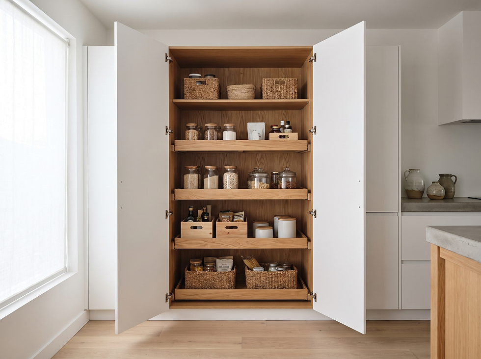 Durchdachte Innenausstattung: Ein geöffneter Vorrats-Hochschrank mit maßgefertigten Holzauszügen vereint Stauraum mit alltäglicher Ergonomie.
