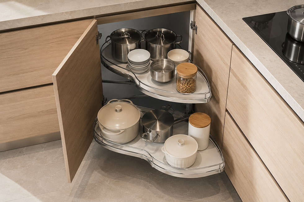 📷 BILD 3 — Unterstützendes Bild | Prompt: Kitchen corner cabinet open showing a Le Mans pull-out carousel mechanism with organized kitchen items neatly arranged, bright modern kitchen, premium hardware detail, professional product photography style, clean and highly detailed