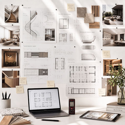 Konzeptentwicklung für exklusiven Innenausbau: Technische Detailpläne, Materialproben und digitale Grundrissplanung für individuelle Wohnkonzepte von AbiesAlba Planung.