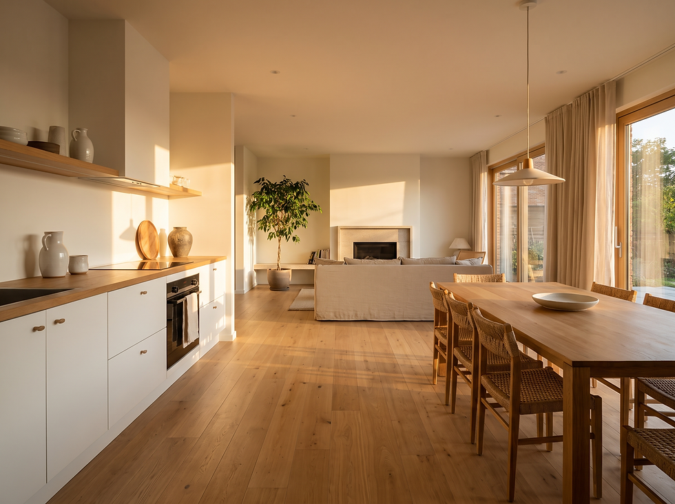 Sichtachse von der hellen Küche über den Eichentisch bis zum Wohnbereich mit Sofa und Kamin, verbunden durch einen durchgehenden Eichenboden.