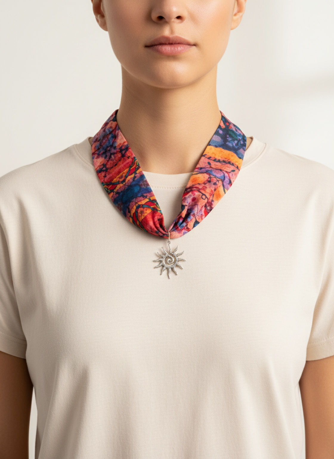 Collar cornetín conexión dije sol espiral plateado 
