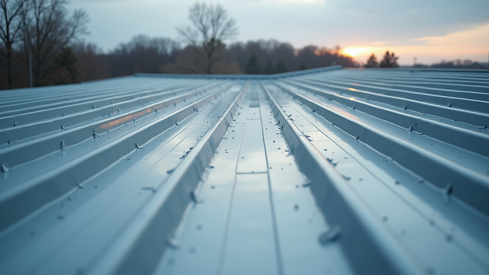 High angle view of a newly installed metal roof with a ribbed profile