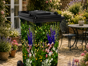 floral wheelie bin cover in cottage garden