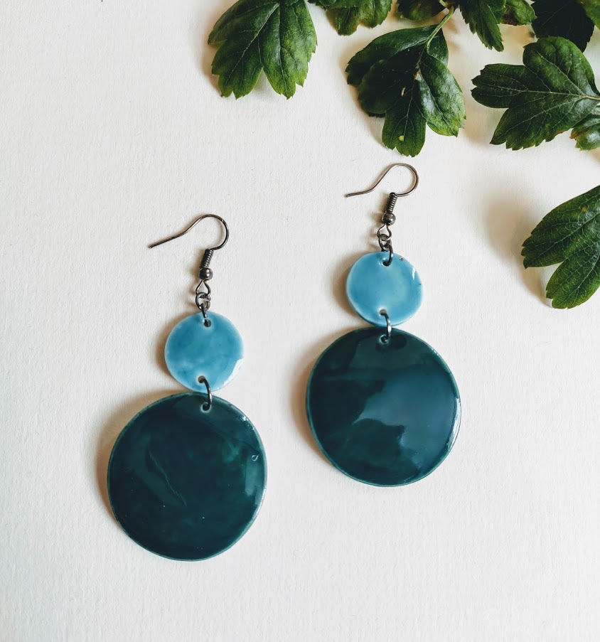 Emerald-teal double circle earrings