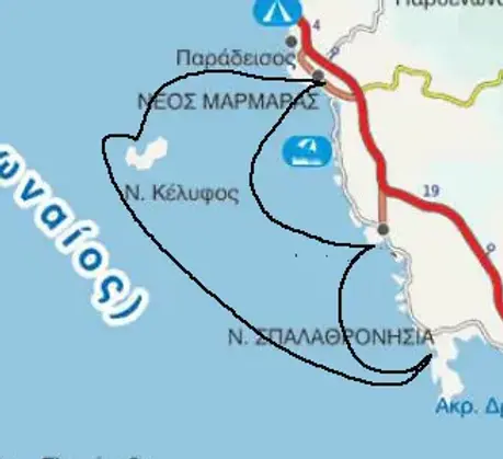 Sailing route map for Sithonia half day cruise.