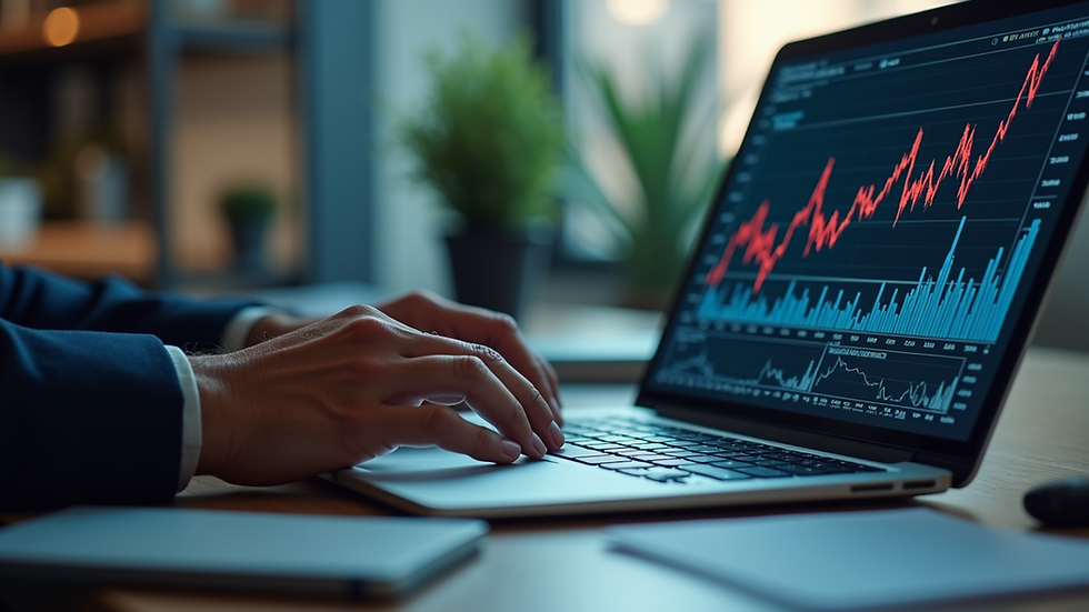 Eye-level view of a financial analyst reviewing economic charts on a laptop