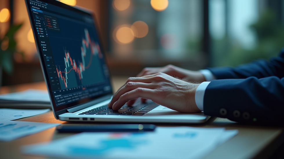Eye-level view of a financial analyst reviewing economic charts on a laptop
