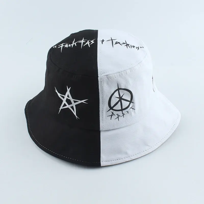 Thumbnail: Unisex Harajuku Bucket Hat Fisher Outdoor Black White Patchwork cap