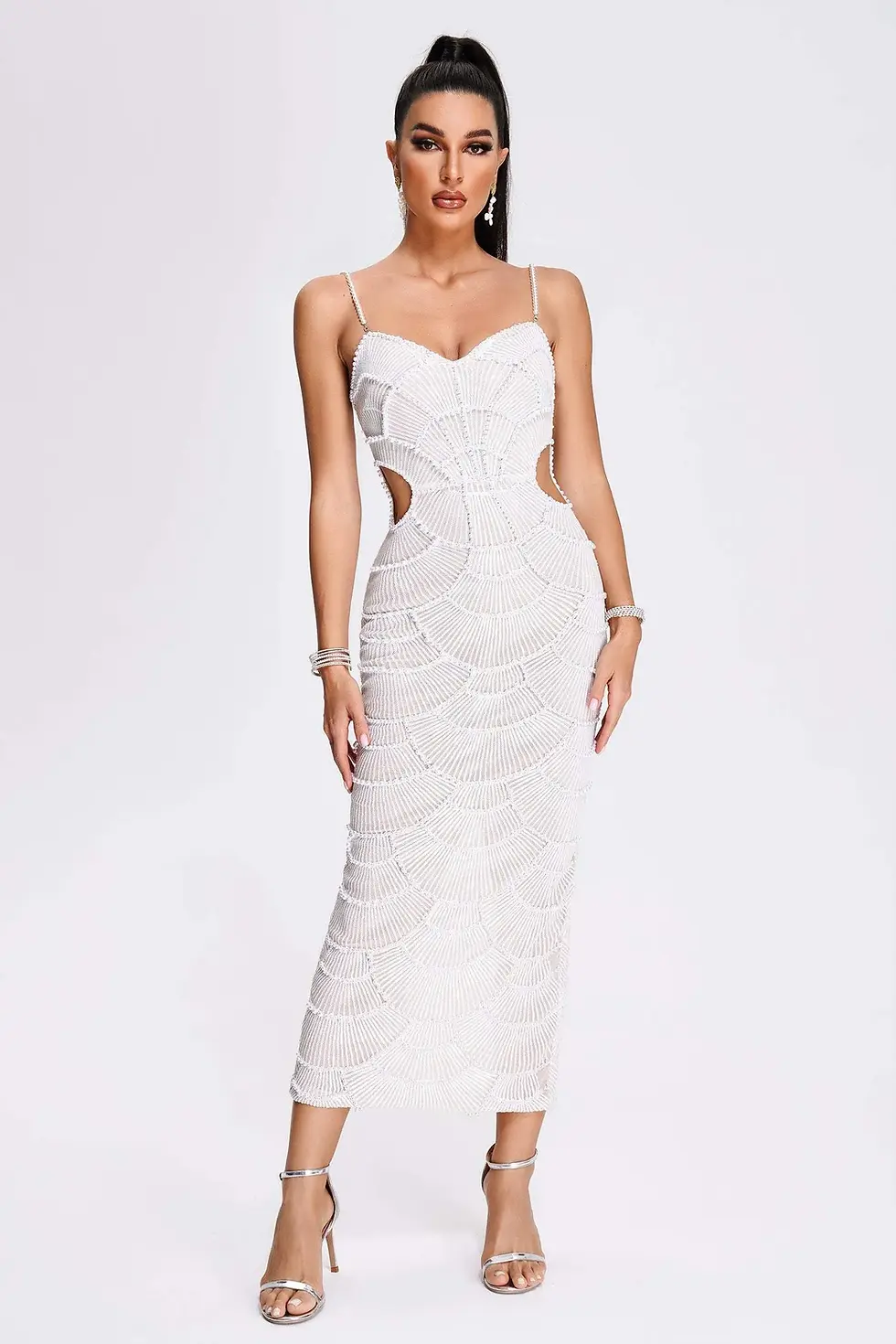 Thumbnail: "The Pearl" Embroidered Pearl Cut-out Midi Dress