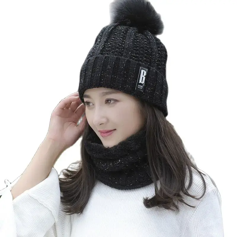 Thumbnail: Autumn Winter Women's Hat Caps Knitted Wool Warm Scarf set