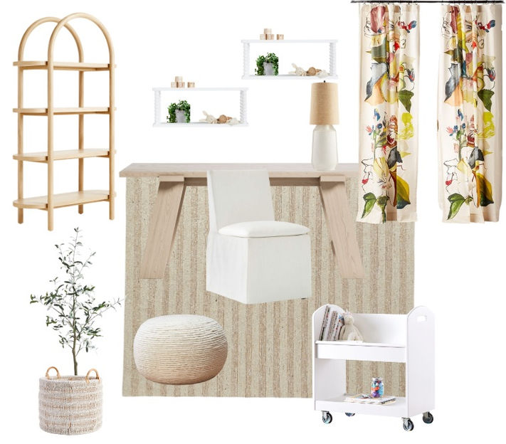 Decorator mood board mockup displaying furniture samples, fabric swatches, and color palettes for a sophisticated interior design project by Greatstone Design.