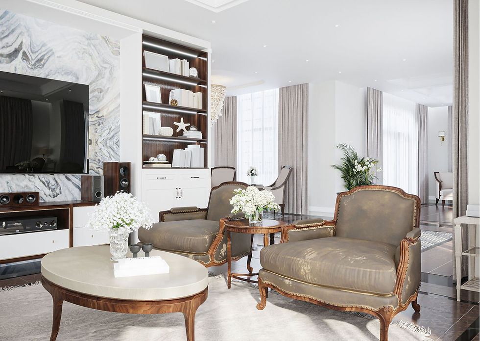 Luxurious white living space with marble accents, antique gold chairs, round coffee table, and built in shelving.