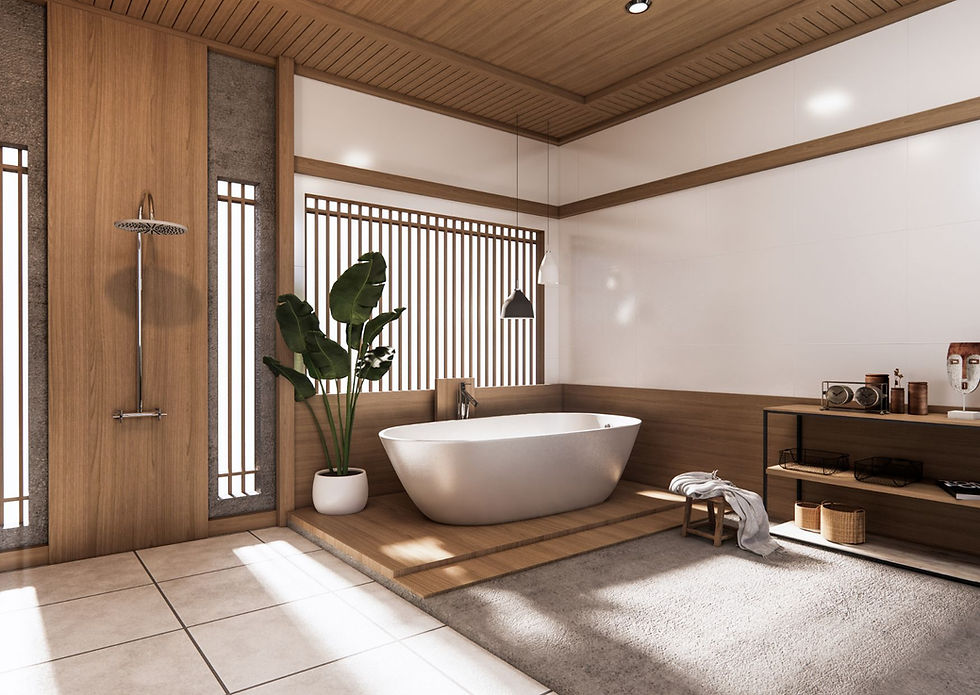 Zen style bathroom with wood ceiling, freestanding tub on platform, natural plants, and Japanese screen design elements.