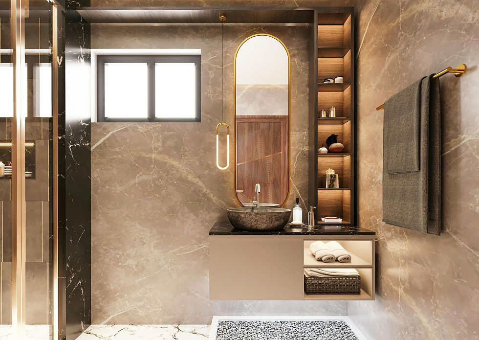 High end bathroom featuring taupe marble walls, vessel sink, gold fixtures, built in shelving, and ambient lighting.