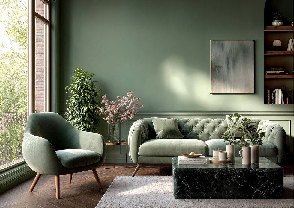 Tranquil living space with sage green walls, curved velvet sofa, modern armchair, marble coffee table, and abundant plants.