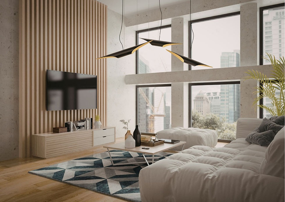 Living room with sectional sofa, geometric rug, mounted TV, pendant lights, and cityscape view.