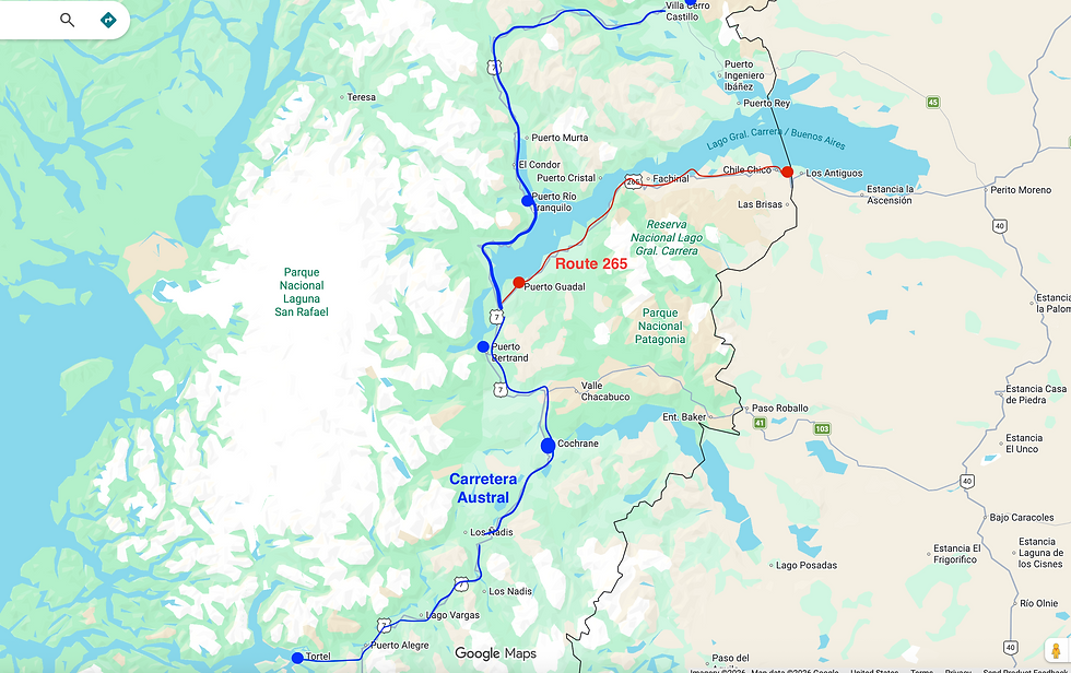Map showing southern Carretera Austral (blue) and Route 265 (red)