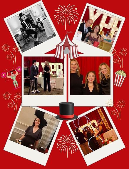 Image contains six photos from the 2026 Benefit on a red background with fireworks. Featured in the photos is the Juggler, the Hulahoop artist, Katie our PTA president, Ann and Stephanie, the Benefit Chairs, and other volunteers.