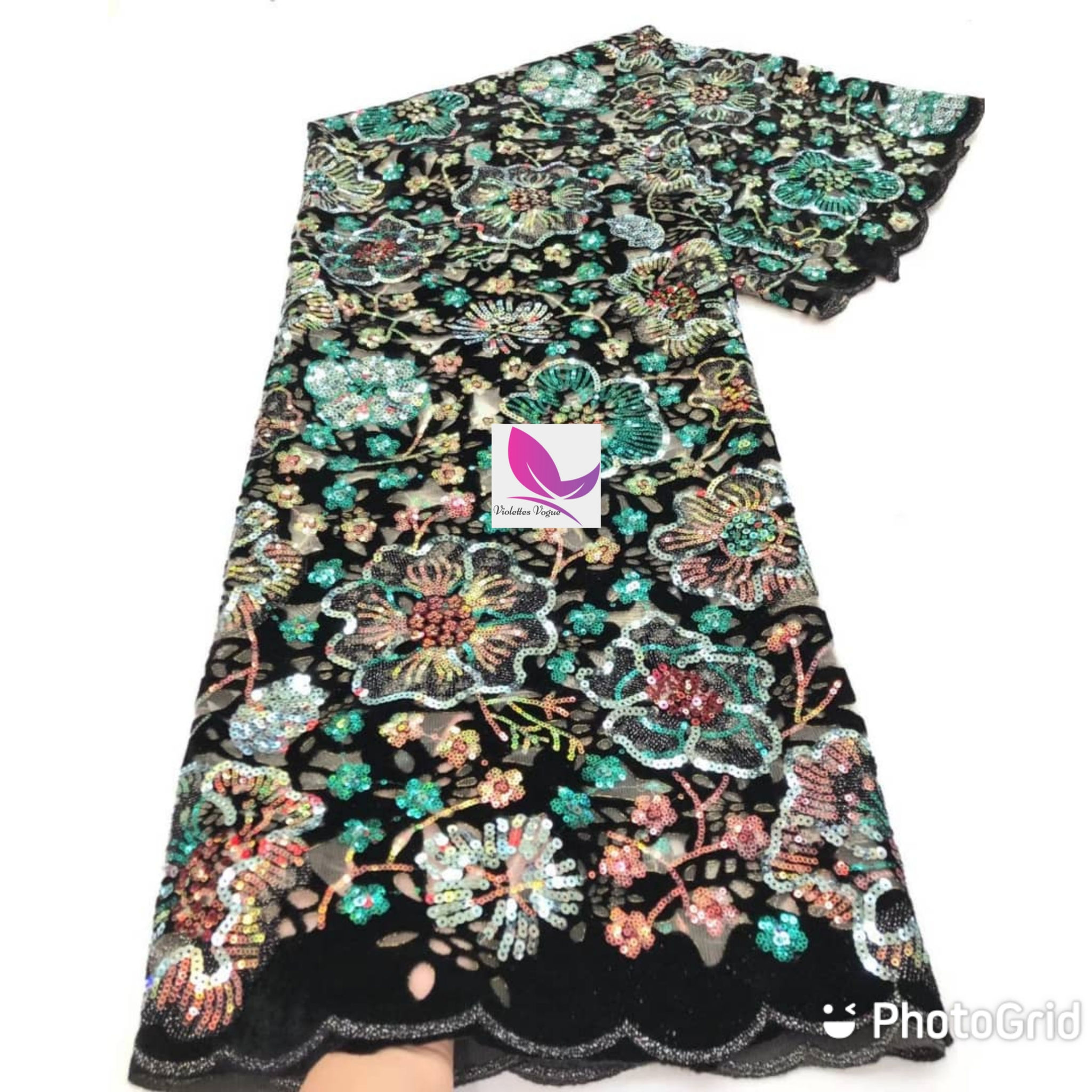 Sequins on Velvet with flowered design - Price per yard