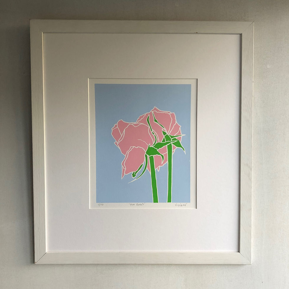 Thumbnail: Contemporary Roses wall art of two roses on a blue background, in a white frame hanging on a white wall