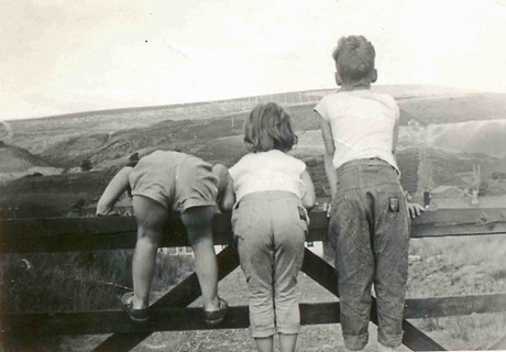 Old photograph of Mark B. Witts with his siblings, standing on a fence overlooking a country scene.