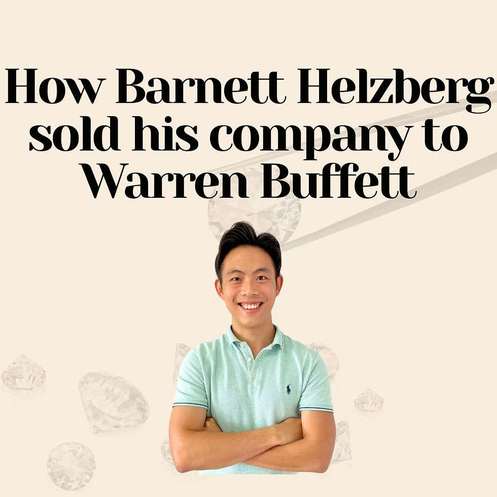 Ben Tan, a Singapore investor in a green shirt with arms crossed, stands in front of a beige background with the text: "How Barnett Helzberg sold his company to Warren Buffett."