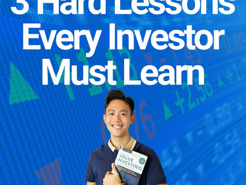 Smiling Ben Tan holds "Value Investing" book against a blue stock market background. Text reads: "3 Hard Lessons Every Investor Must Learn."