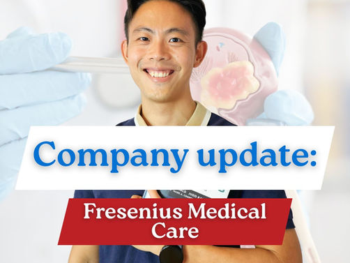 Smiling Ben, Singapore investor, holds medical model with text "Company update: Fresenius Medical Care." Background shows gloved hands.