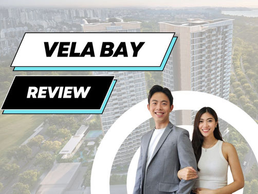 Ben Tan and Vann Lim pose in front of tall buildings with text "VELA BAY REVIEW." Bright urban setting with greenery and a clear sky.