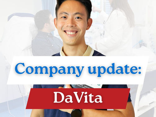 Ben Tan, Singapore investor, person in a clinic; text reads "Company update: DaVita." Background shows a doctor with a patient in a medical setting.