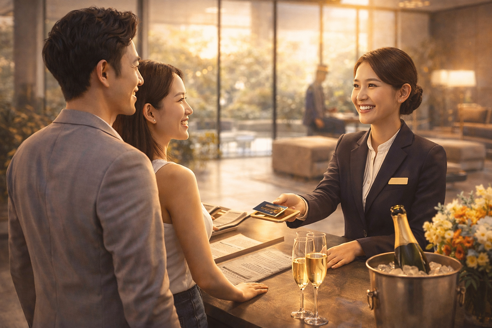 A smiling receptionist hands a key card to a happy couple at the hotel front desk, creating a delightful "total customer experience."