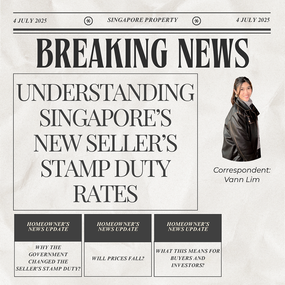 Breaking News headline on Singapore's new seller's stamp duty rates. Image includes a smiling correspondent, Vann Lim, and subtopics on the policy change.